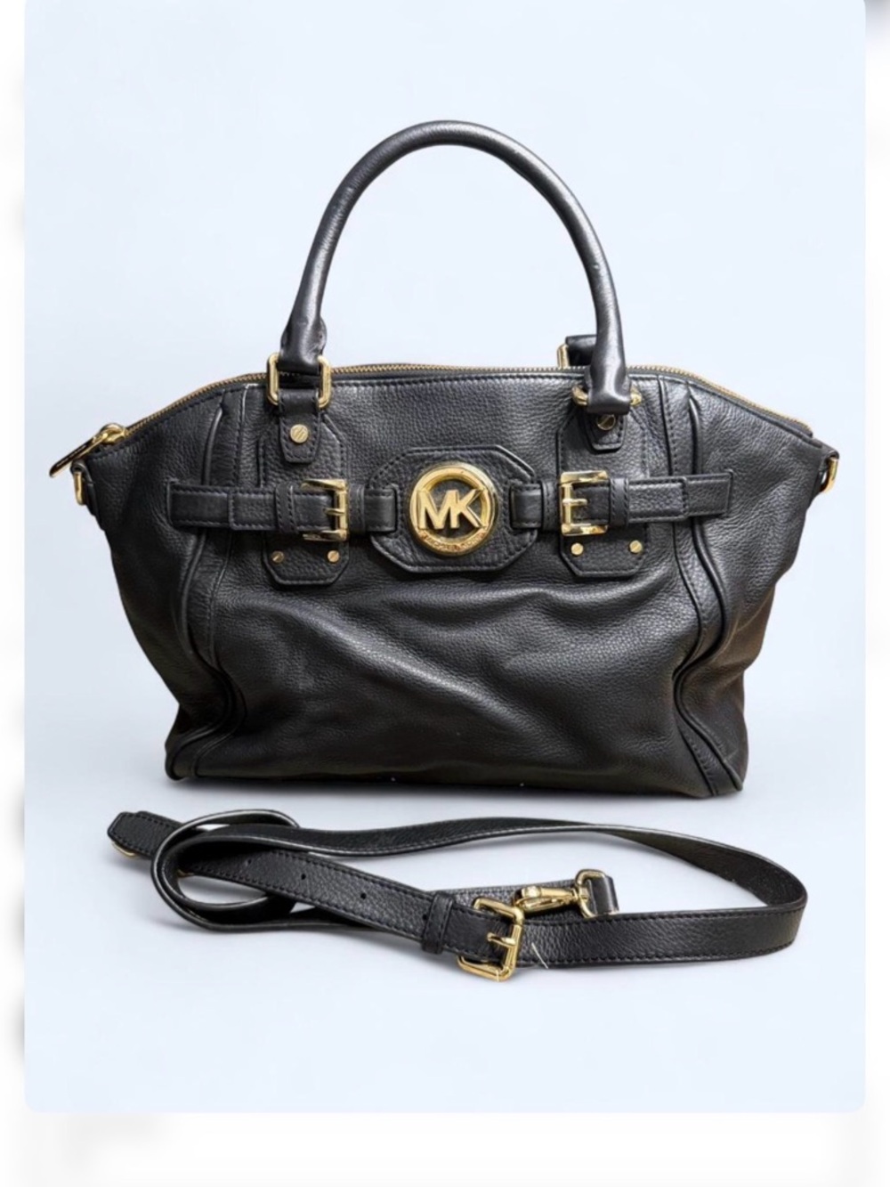 Michael Kors Black Hudson Belted Leather Satchel with Gold-Tone MK‎ Emblem